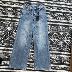 Embroidered Wide Leg Blue Jeans